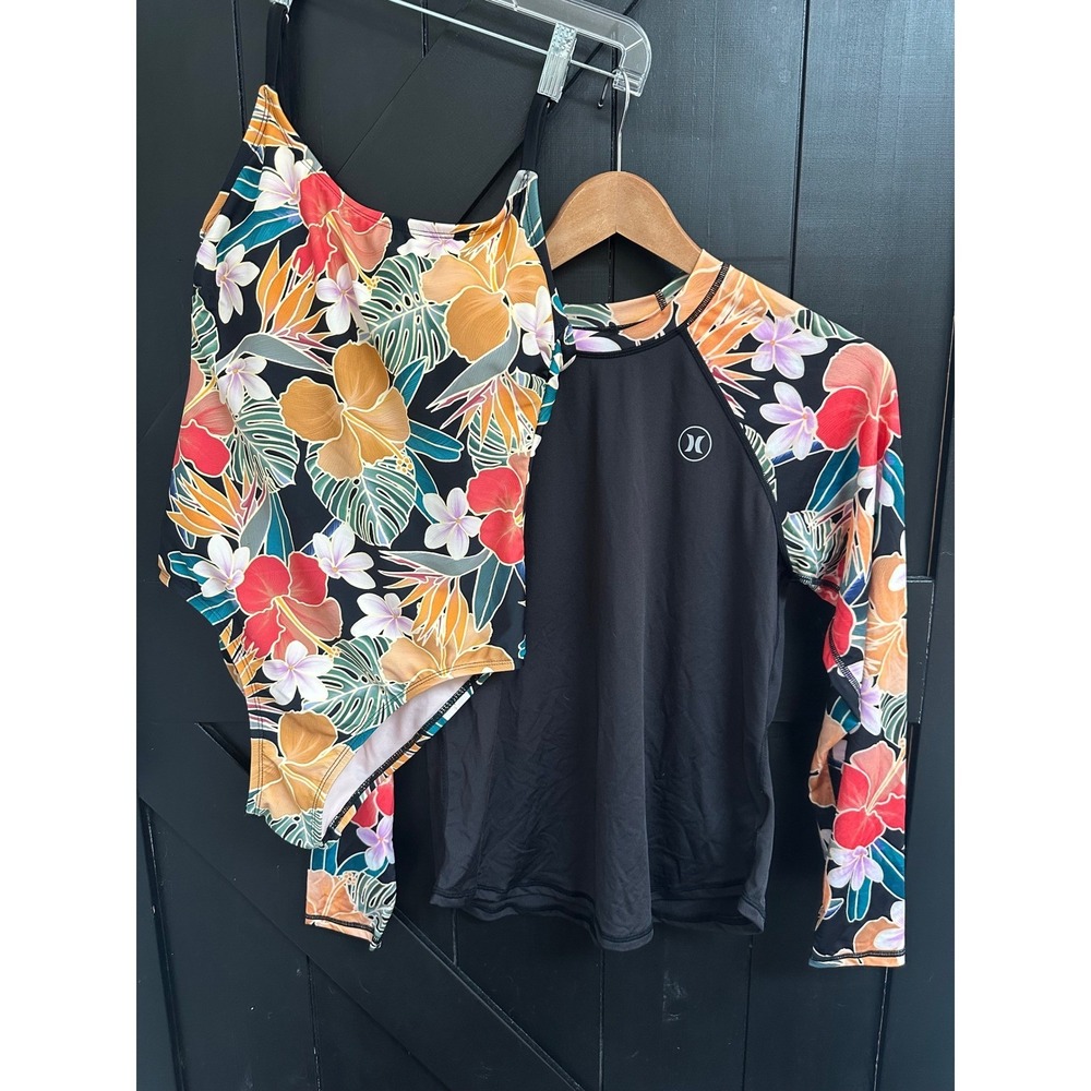 Hurley Women Rash Guard and One Piece Swimsuit Set Tropical Floral Black Size S - Picture 11 of 13